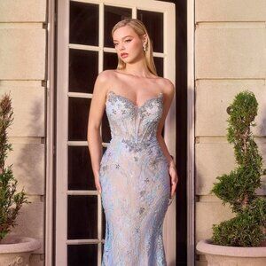 New Multi Beads Embellished Sheath Gown w/ Corset Bodice & Lace Embroidery CD713